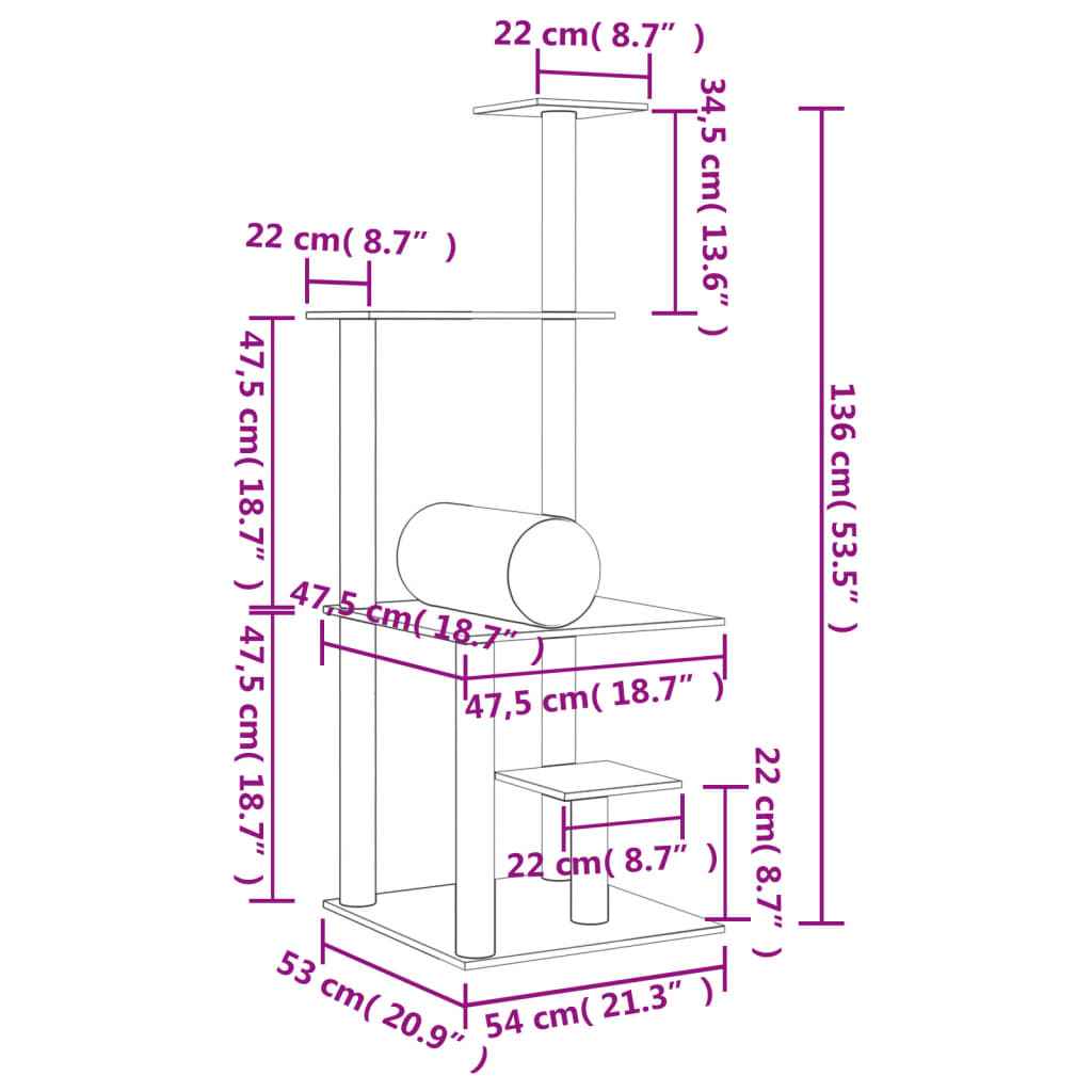 vidaXL Árvore p/ gatos c/ postes arranhadores sisal 136cm cinza-escuro
