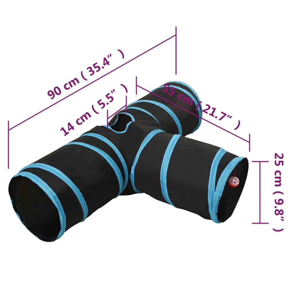 vidaXL Túnel para gatos 3 vias 90 cm poliéster preto e azul