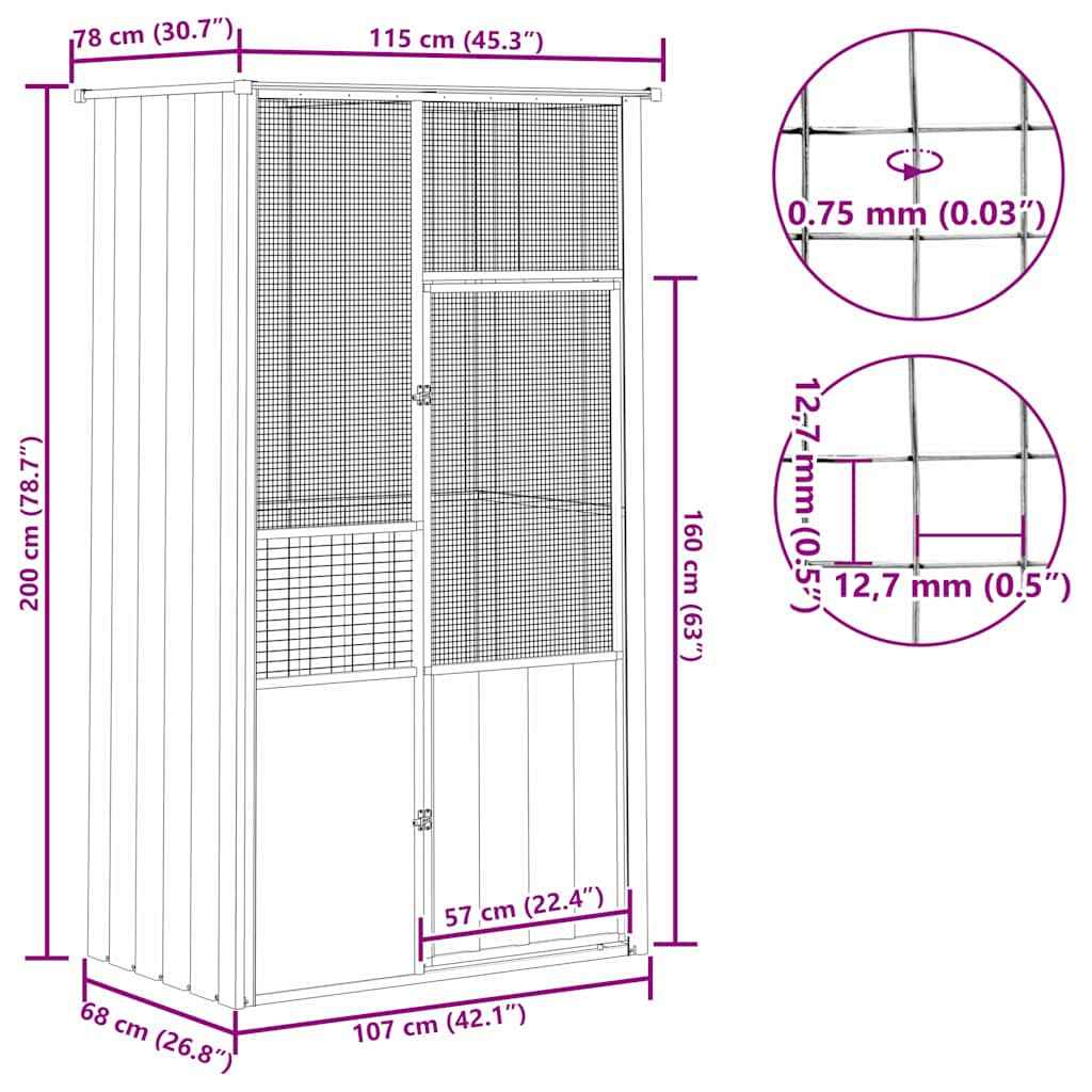 vidaXL Gaiola p/ pássaros 115x78x200 cm aço galvanizado antracite