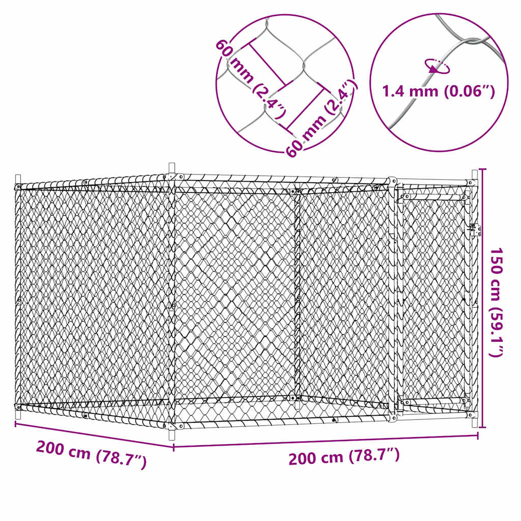vidaXL Jaula para cão com porta 2x2x1,5 m aço galvanizado cinzento