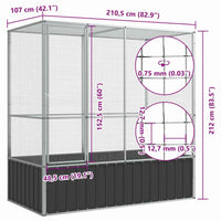 vidaXL Aviário 210,5x107x212 cm aço prateado