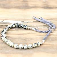 925 Silver Plated Gemstone Charcoal String Bracelet - Dalmation Jasper