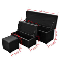 Bancos armazenamento e apoio para os pés, pele artificial, preto 3 pçs