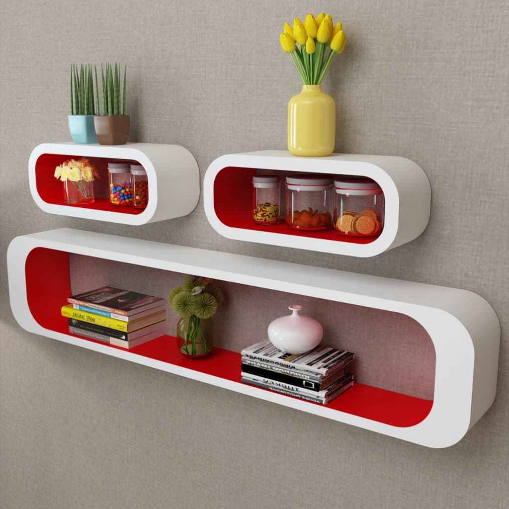 Conjunto 3 prateleiras/cubos de parede MDF branco-vermelho