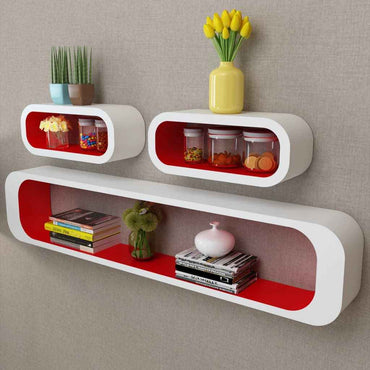 Conjunto 3 prateleiras/cubos de parede MDF branco-vermelho