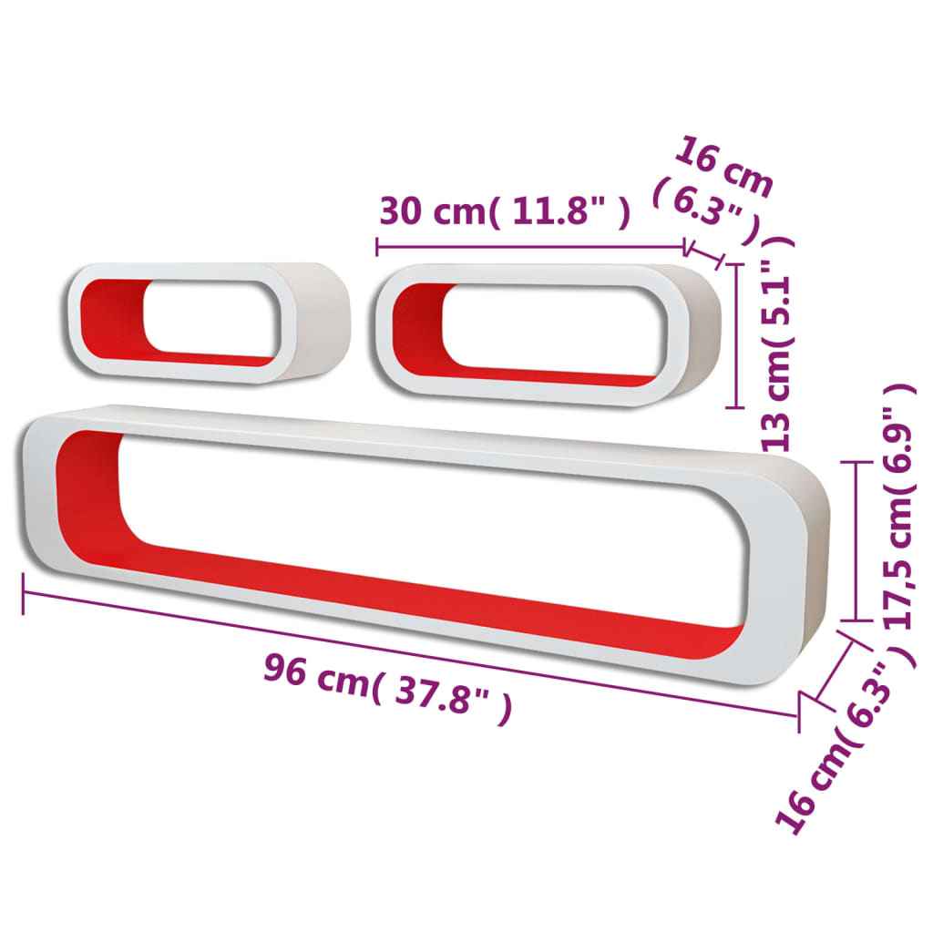 Conjunto 3 prateleiras/cubos de parede MDF branco-vermelho