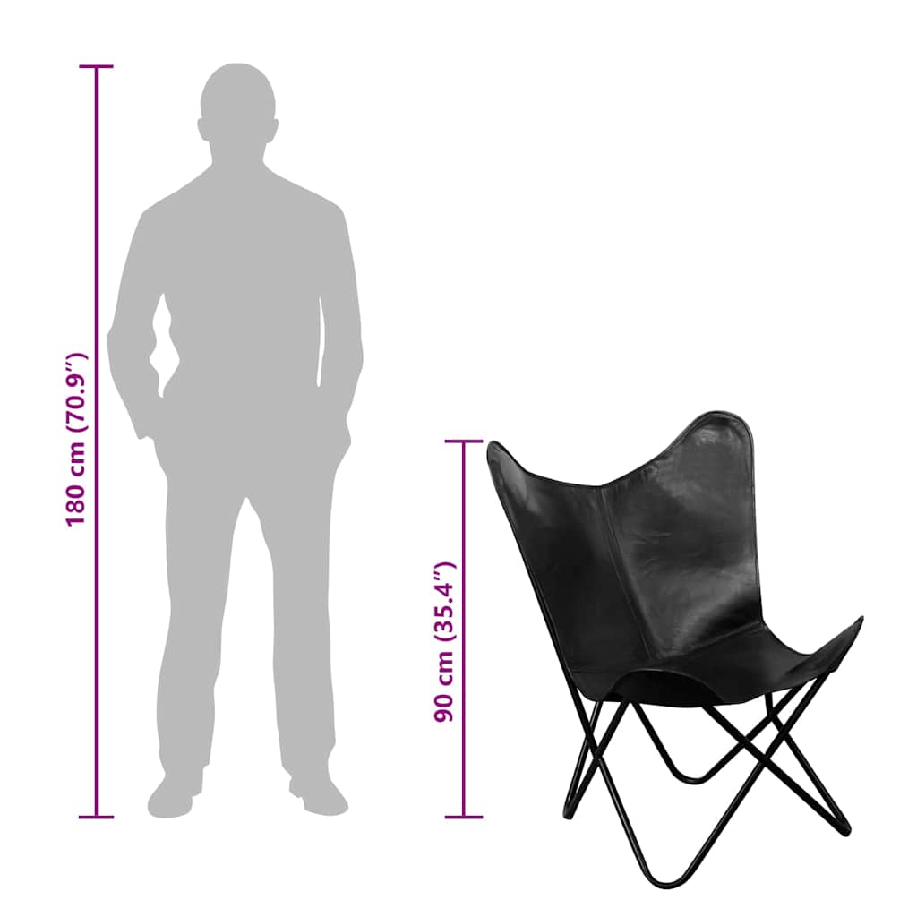 vidaXL Cadeira borboleta em couro genuíno preto