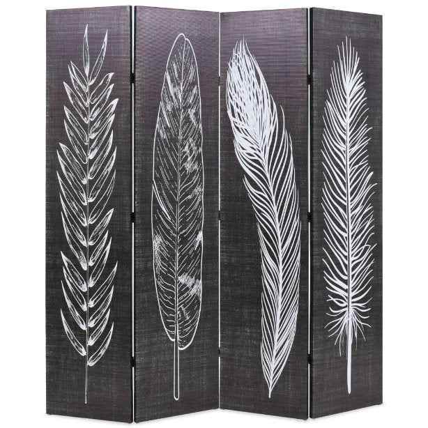 vidaXL Biombo dobrável com estampa de penas 120x170 cm preto e branco