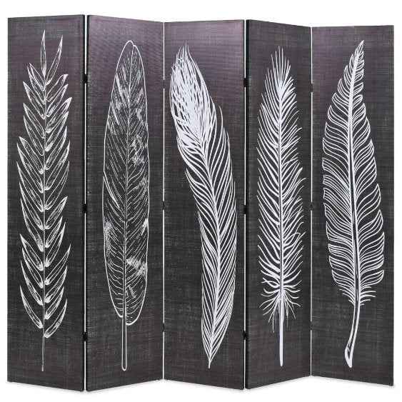 vidaXL Biombo dobrável com estampa de penas 120x170 cm preto e branco