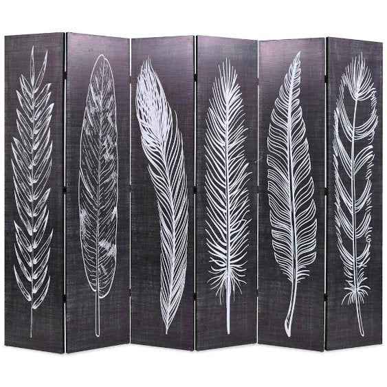 vidaXL Biombo dobrável com estampa de penas 120x170 cm preto e branco