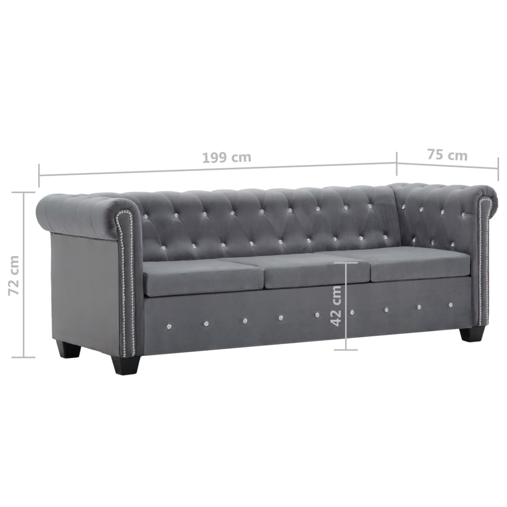 vidaXL Sofá chesterfield três lugares veludo 199x75x72cm cinzento