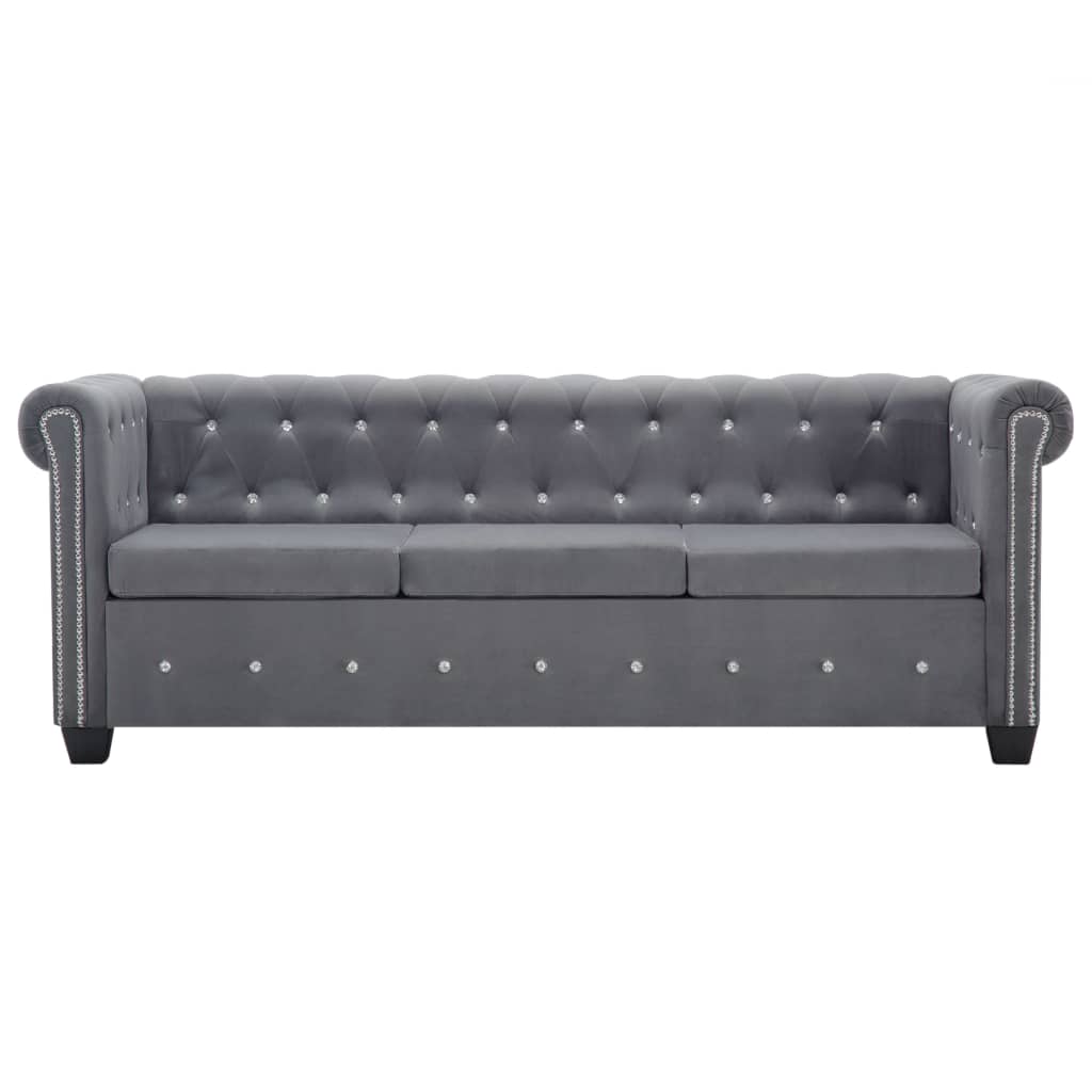 vidaXL Sofá chesterfield três lugares veludo 199x75x72cm cinzento