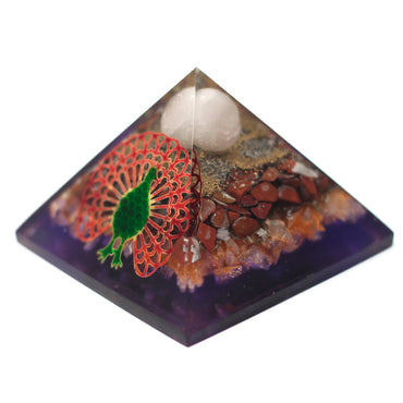 Lrg Organite Pyramid 70mm - Peacock?earth base)
