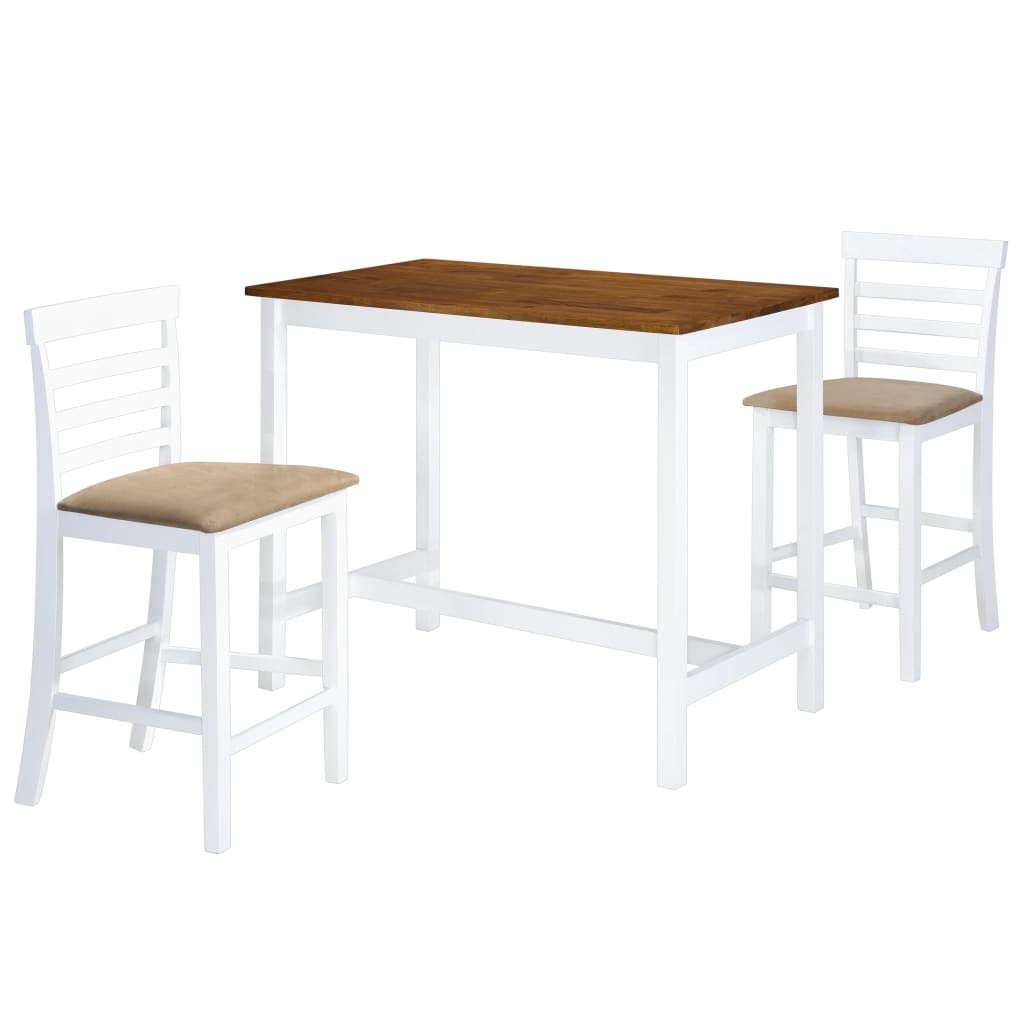vidaXL Mesa e cadeiras de bar 3 pcs madeira maciça castanho e branco