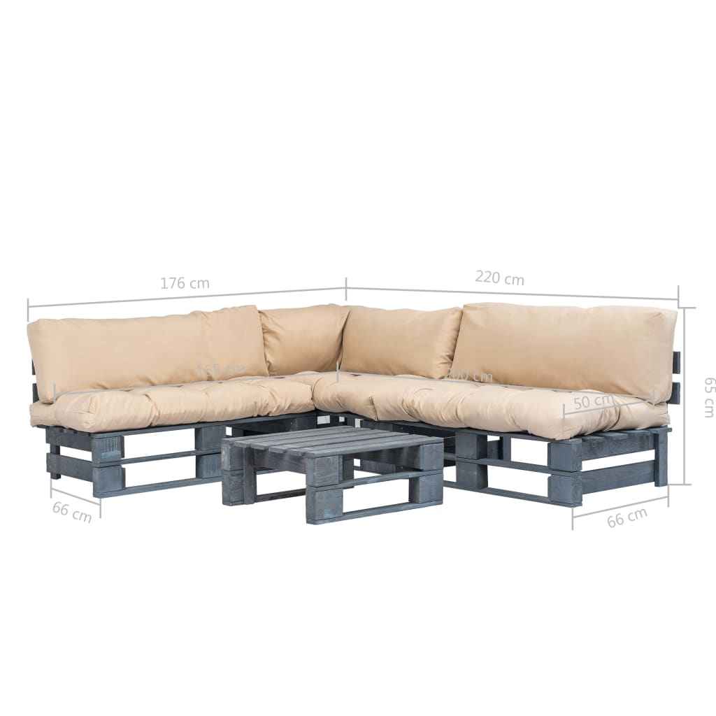 vidaXL Conj. lounge de paletes 4 pcs com almofadões cinzentos madeira