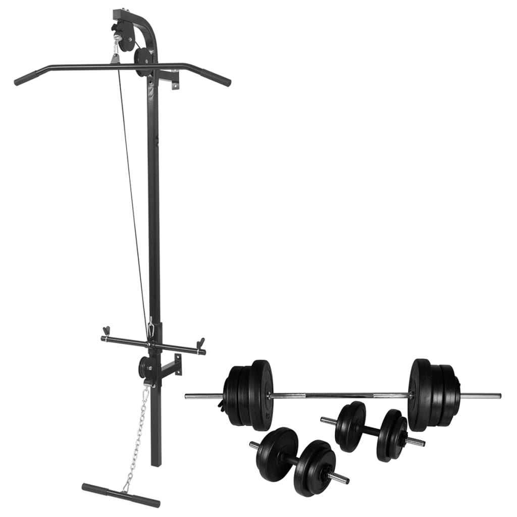 vidaXL Torre musculação parede com conjunto barras e halteres 60,5 kg