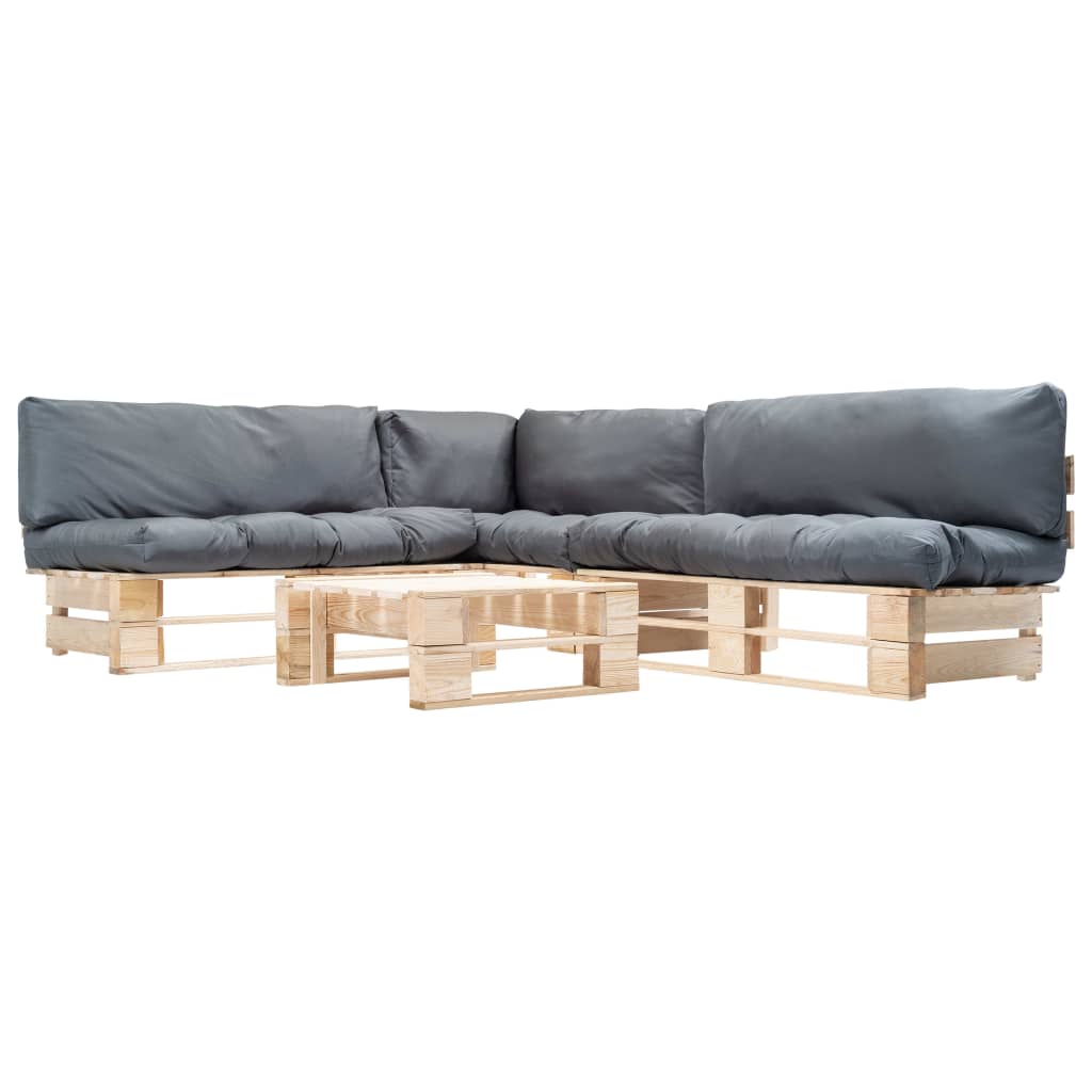 vidaXL Conj. lounge de paletes 4 pcs com almofadões cinzentos madeira