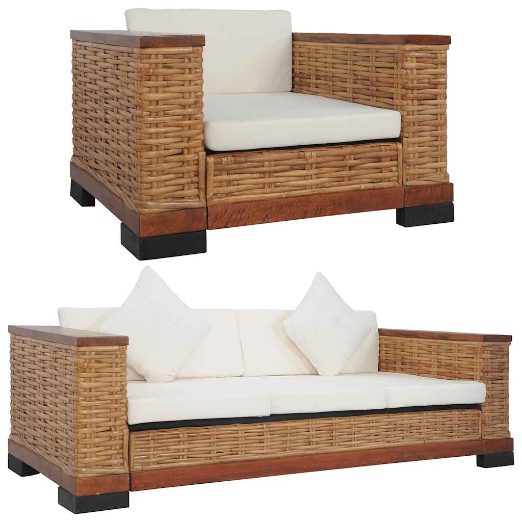 vidaXL 2 pcs conjunto de sofás com almofadões vime natural castanho