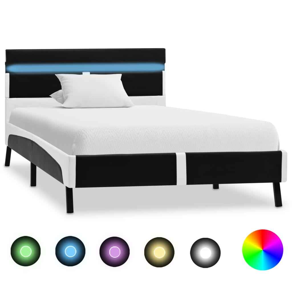 vidaXL Estrutura cama c/ LED 90x200 cm couro artificial branco e preto