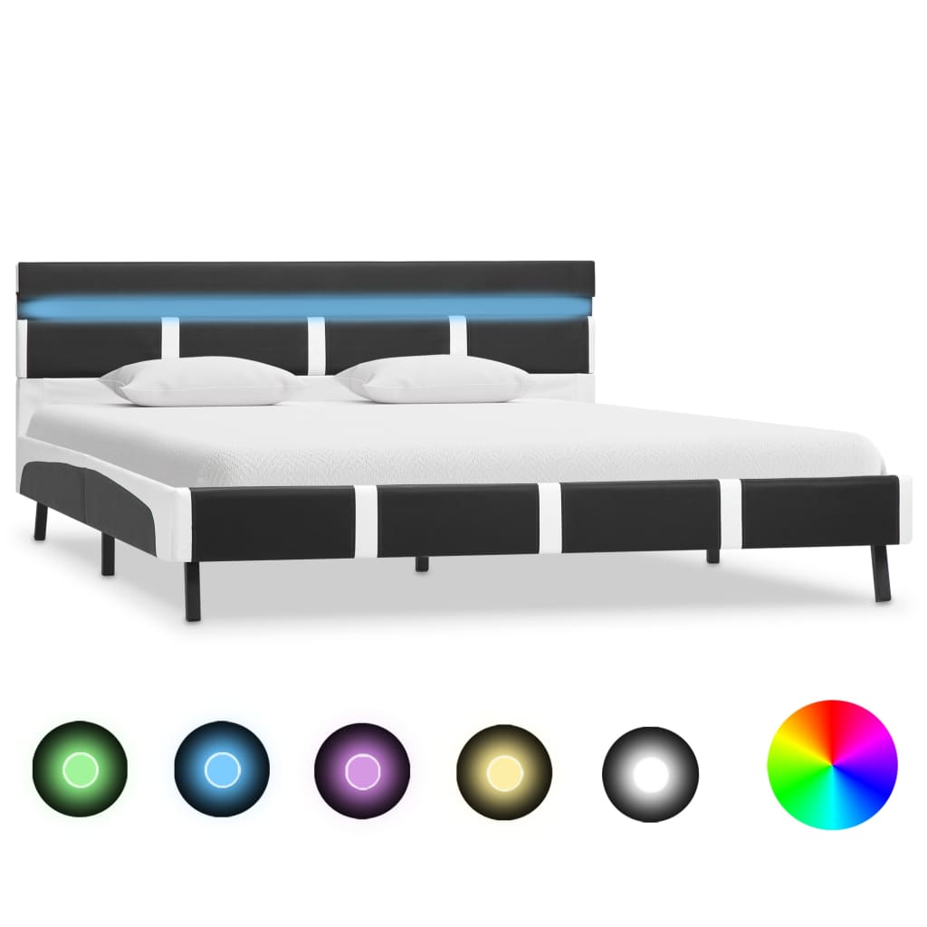 vidaXL Estrutura cama c/ LED 90x200 cm couro artificial branco e preto