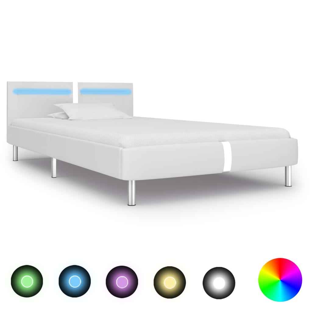 vidaXL Estrutura de cama c/ LEDs 90x200 cm couro artificial branco