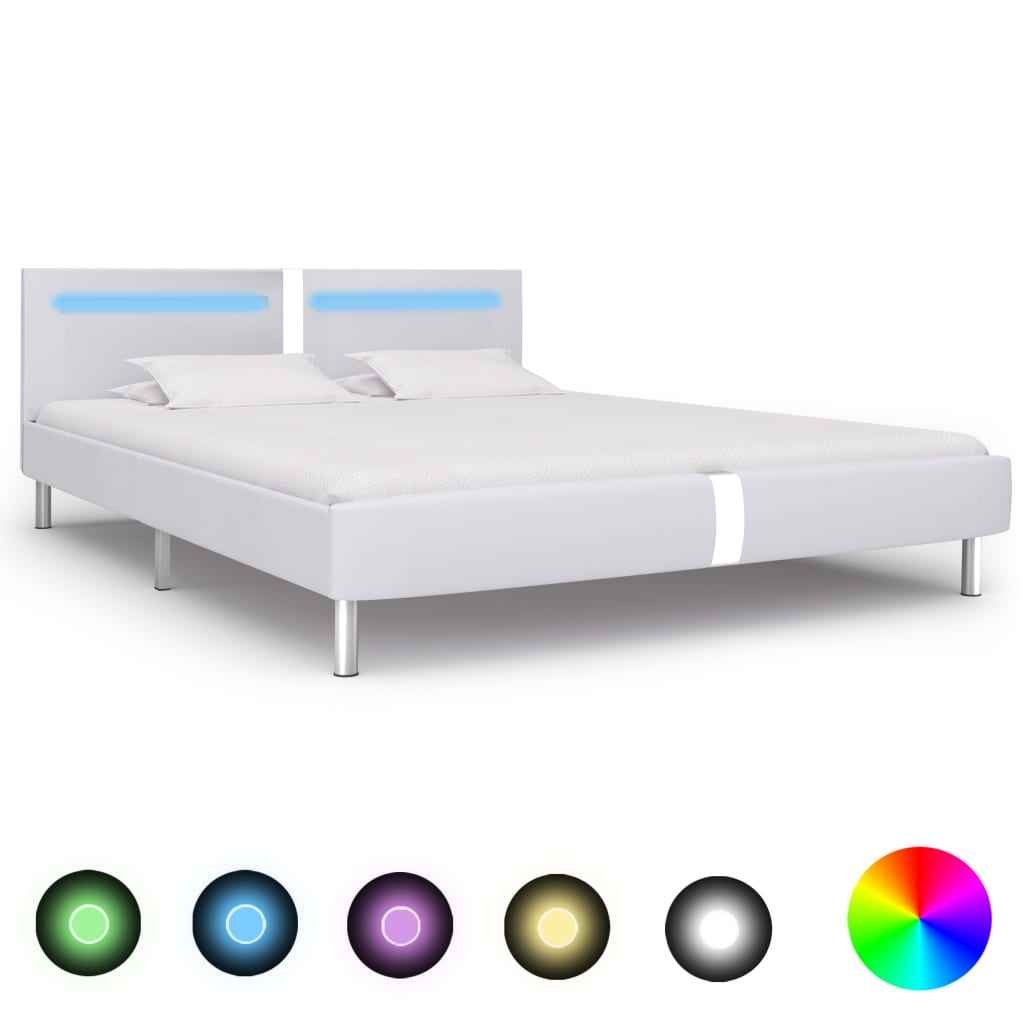 vidaXL Estrutura de cama c/ LEDs 90x200 cm couro artificial branco