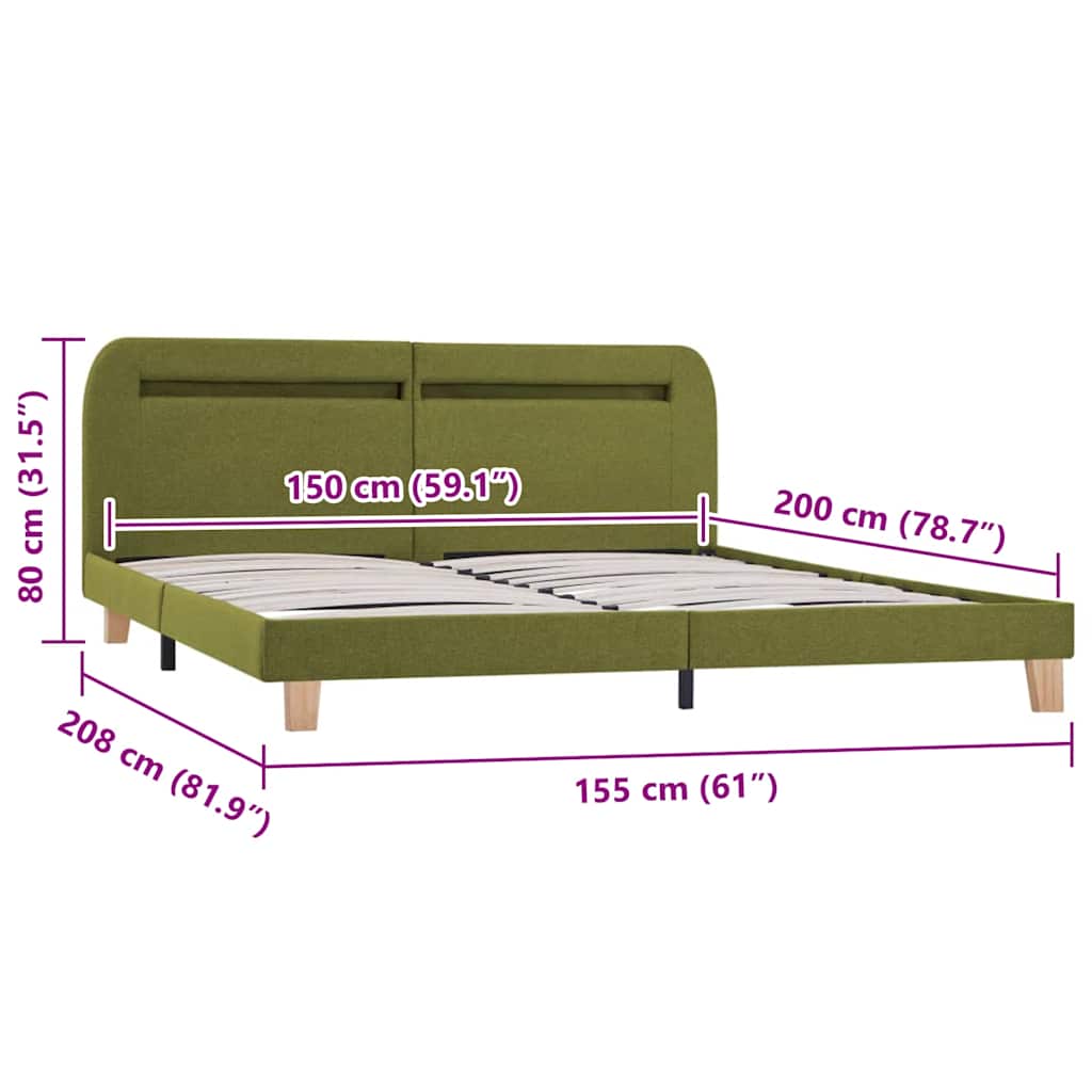 vidaXL Estrutura de cama com LED sem colchão 150x200 cm tecido verde