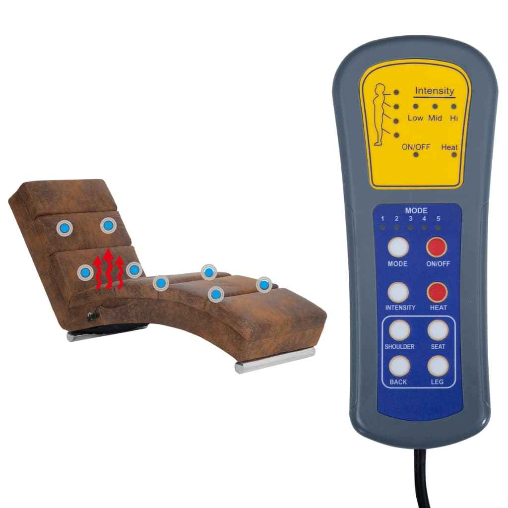 vidaXL Chaise longue de massagens camurça artificial castanho