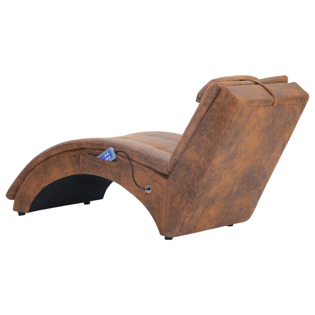 vidaXL Chaise longue massagem c/ almofada camurça artificial castanho