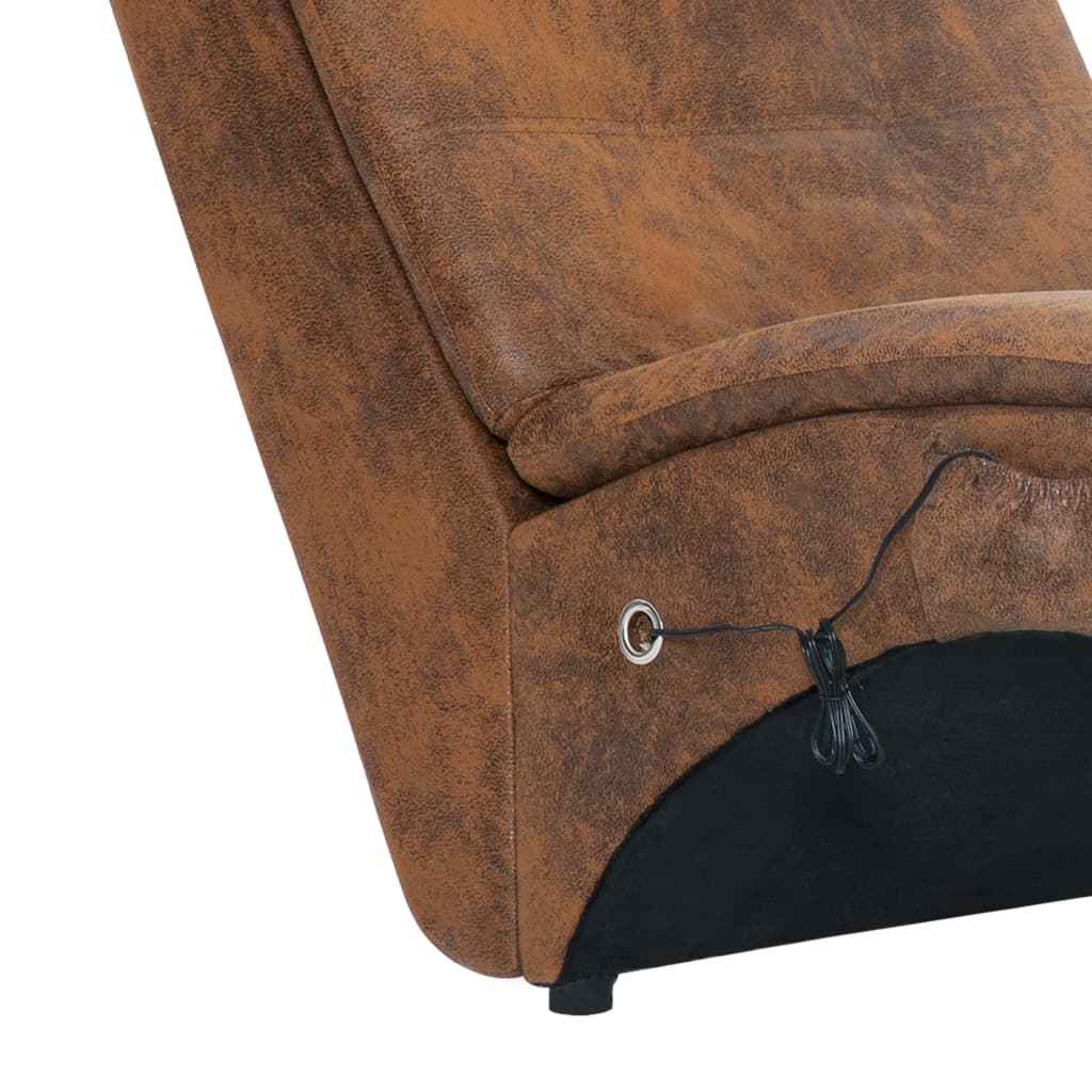 vidaXL Chaise longue massagem c/ almofada camurça artificial castanho