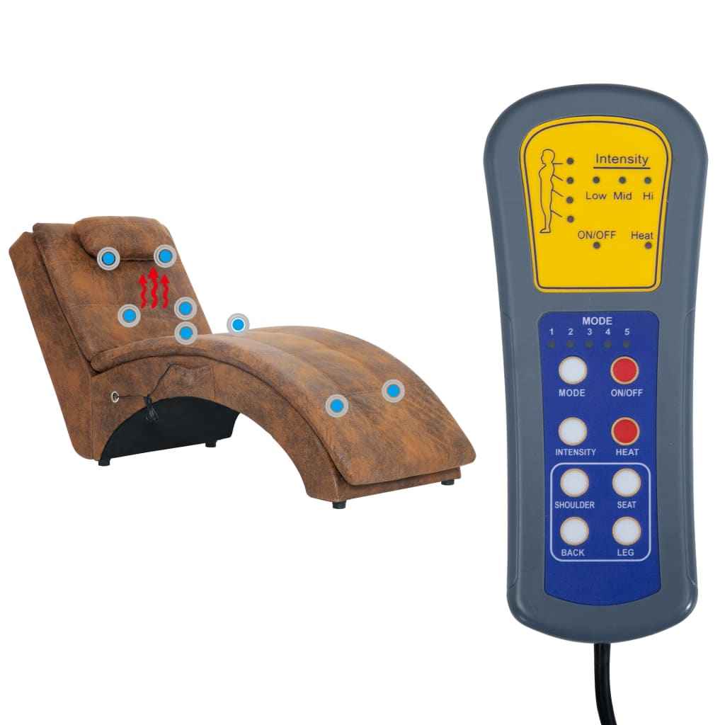 vidaXL Chaise longue massagem c/ almofada camurça artificial castanho