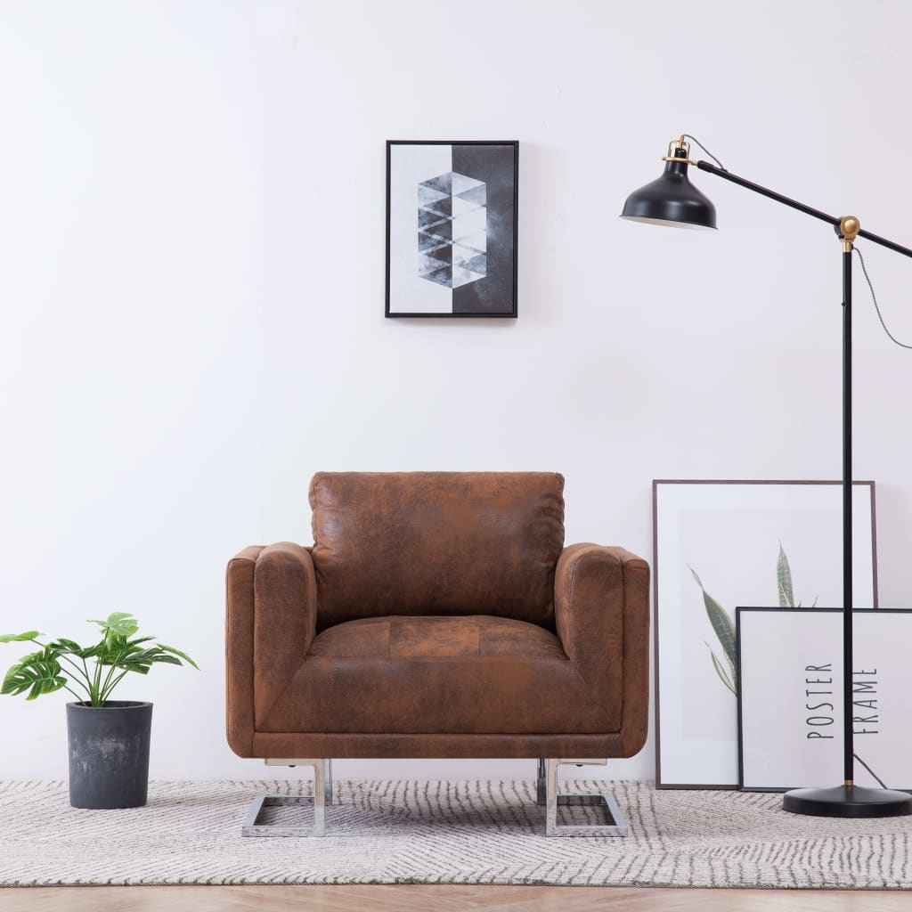 vidaXL Poltrona em forma de cubo camurça artificial castanho