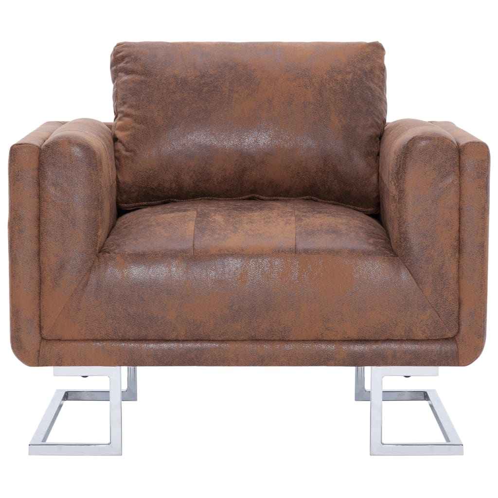 vidaXL Poltrona em forma de cubo camurça artificial castanho