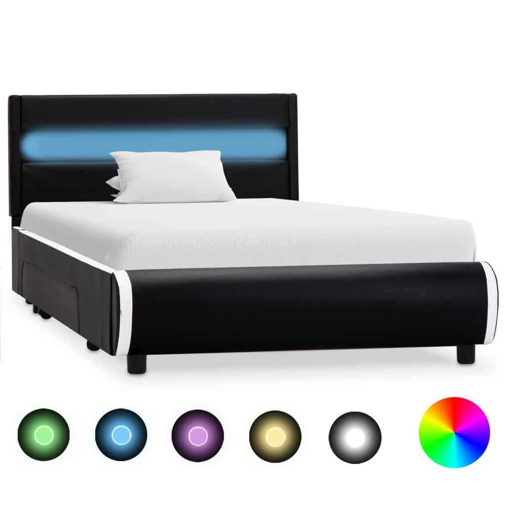vidaXL Estrutura de cama com LED 100x200 cm couro artificial preto