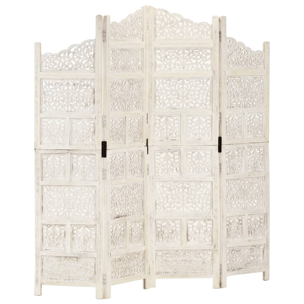 vidaXL Biombo esculp. mão 4 painéis 160x165cm mangueira maciça branco