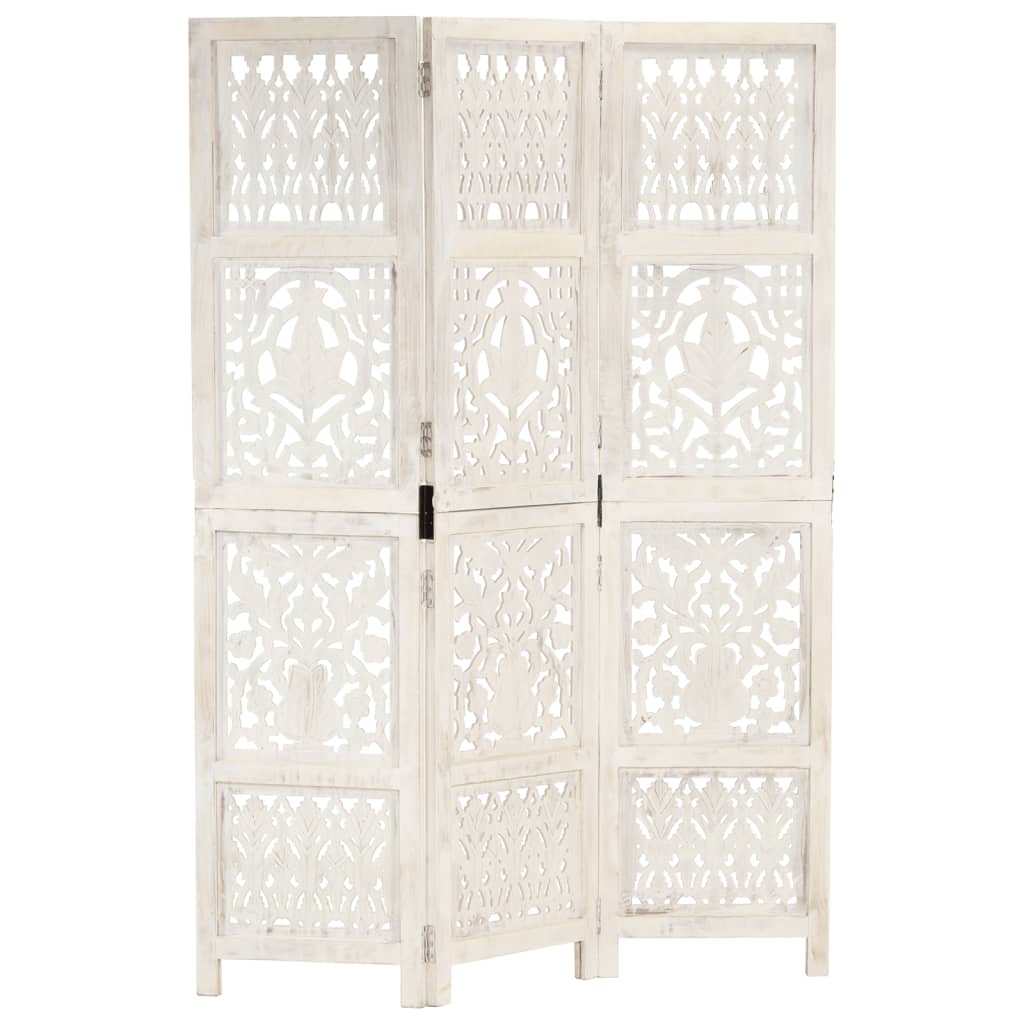 vidaXL Biombo esculp. mão 3 painéis 120x165 cm mangueira maciça branco