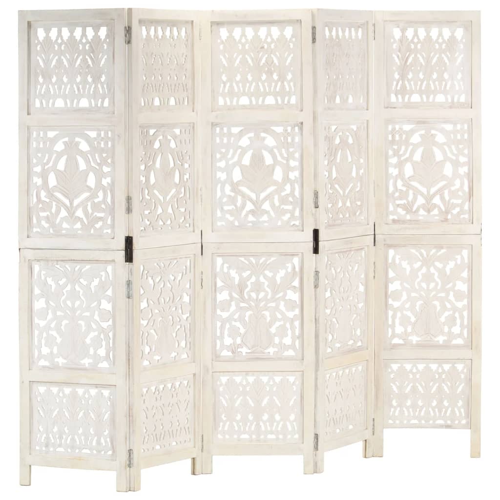 vidaXL Biombo esculp. mão 3 painéis 120x165 cm mangueira maciça branco