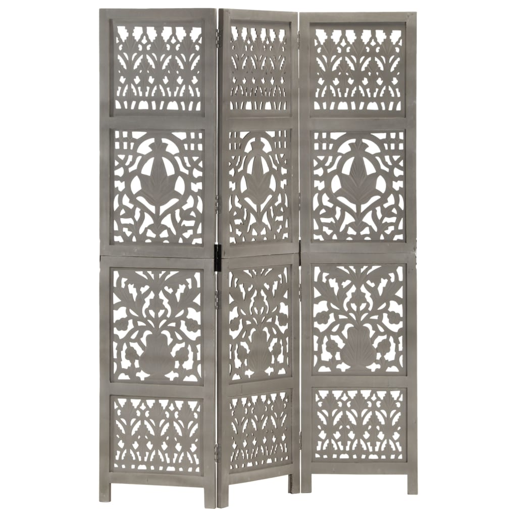 vidaXL Biombo esculp. mão 3 painéis 120x165 cm mangueira maciça branco