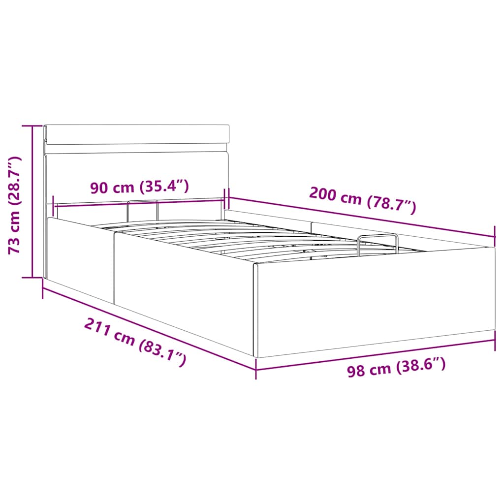 vidaXL Cama hidráulica c/ arrumação LED 90x200cm couro artifi. preto