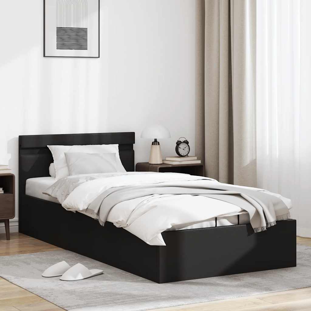 vidaXL Cama hidráulica c/ arrumação LED 90x200cm couro artifi. preto