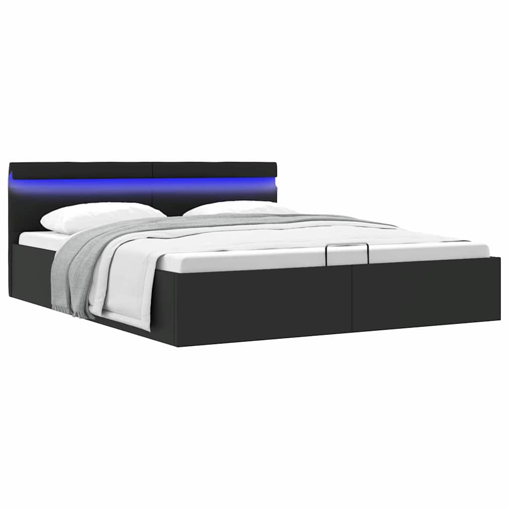vidaXL Cama hidráulica c/ arrumação LED 90x200cm couro artifi. preto