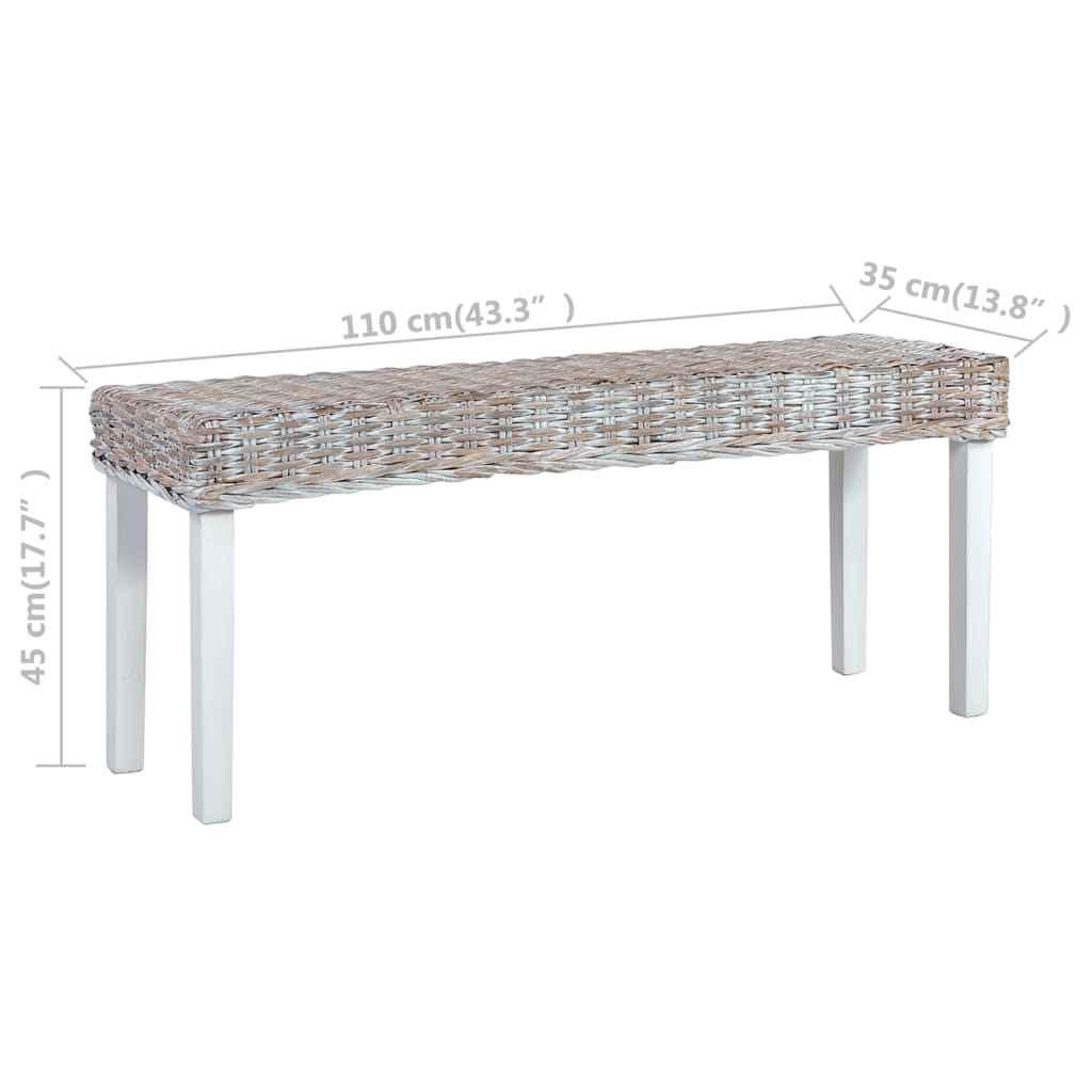 vidaXL Banco 110cm vime Kubu natural e madeira maciça de mogno branco