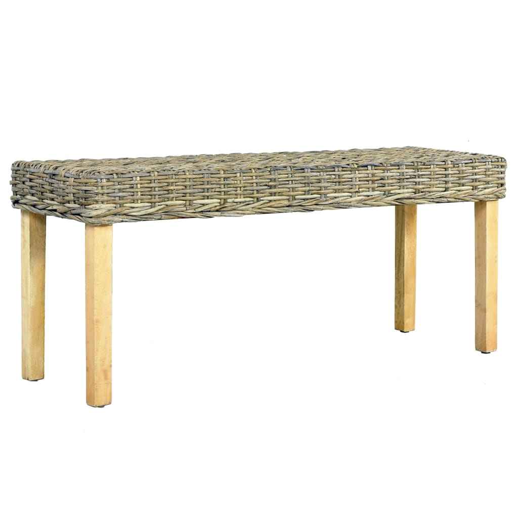 vidaXL Banco 110cm vime Kubu natural e madeira maciça de mogno branco