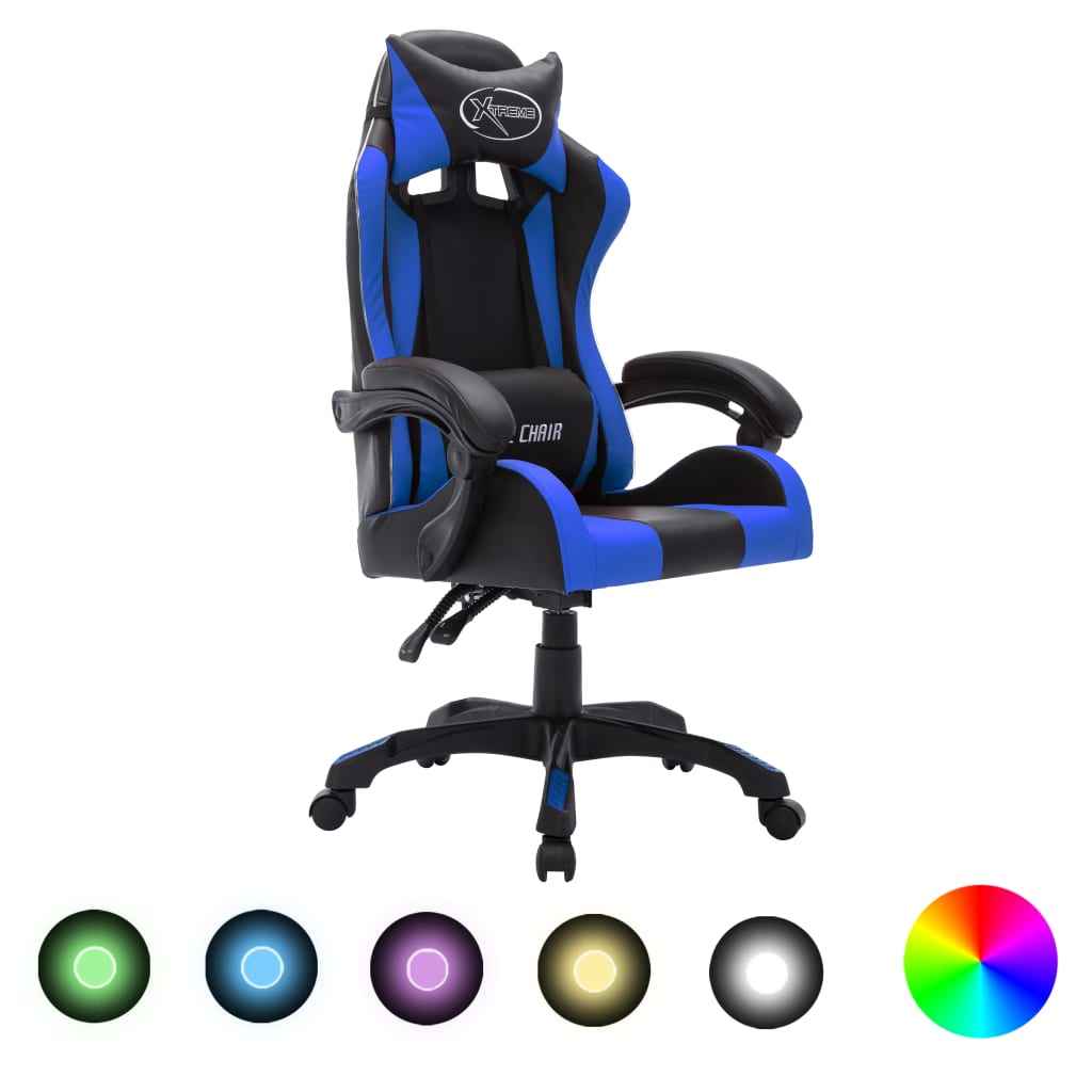 vidaXL Cadeira estilo corrida c/ luzes LED RGB couro artif. azul/preto