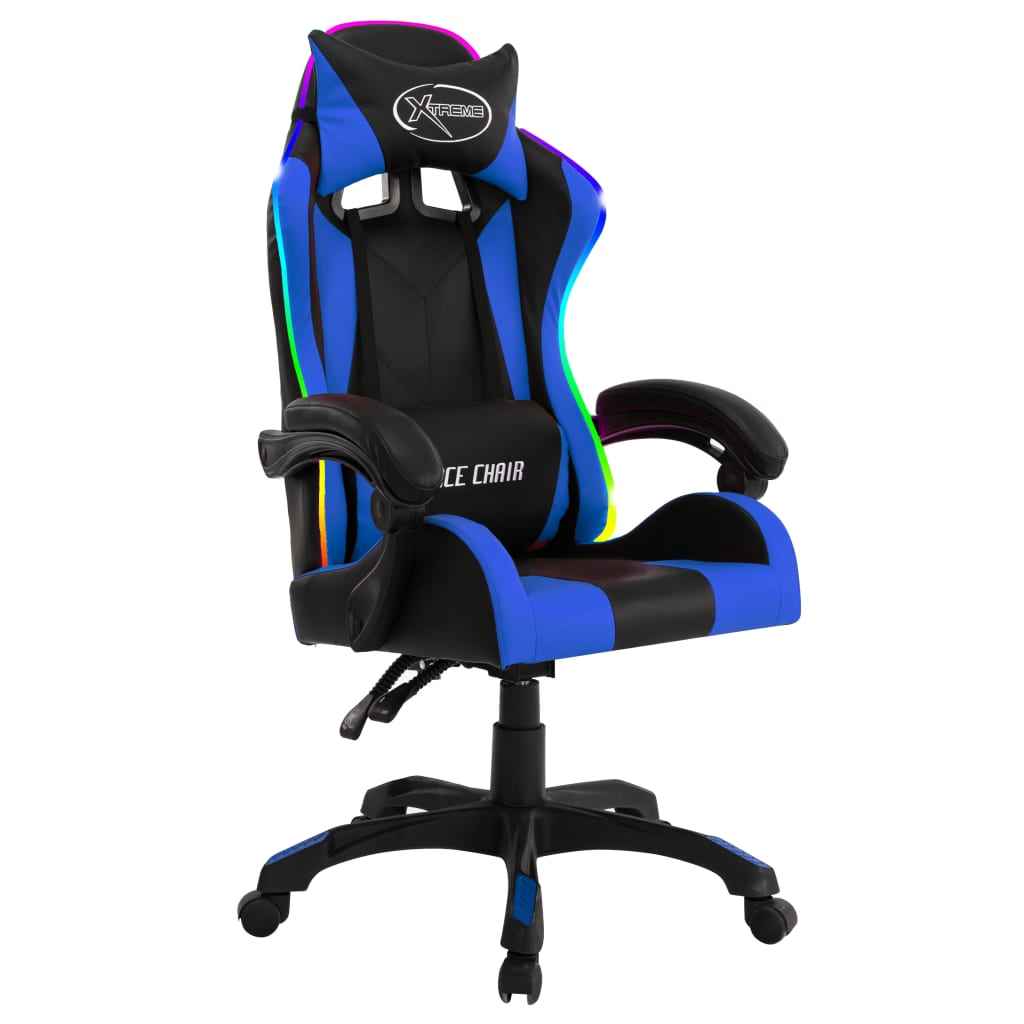vidaXL Cadeira estilo corrida c/ luzes LED RGB couro artif. azul/preto