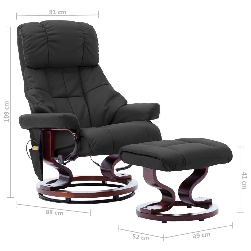 vidaXL Poltrona reclin. massagens couro artif./madeira curva cinzento