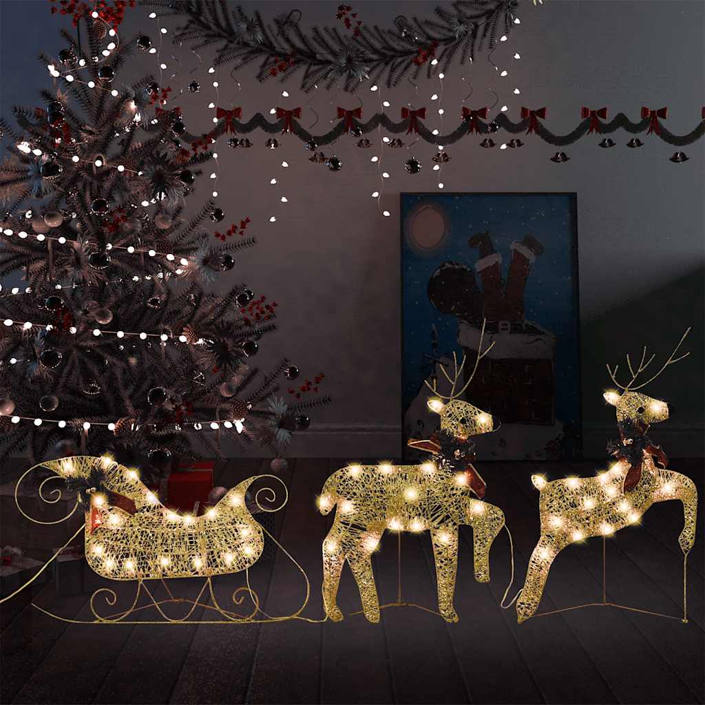 vidaXL Decoração de Natal renas/trenó de exterior 60 luzes LED dourado