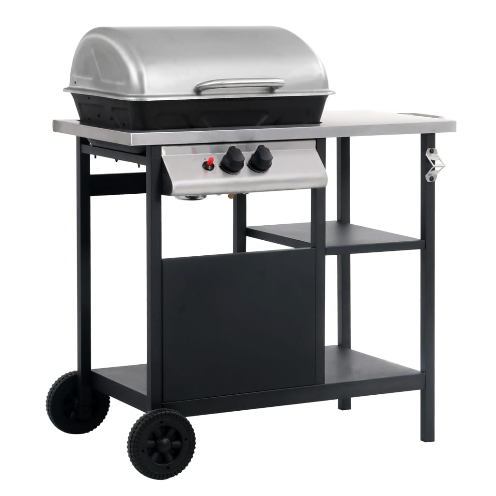vidaXL Grelhador/BBQ a gás com mesa de apoio 3 prateleiras preto