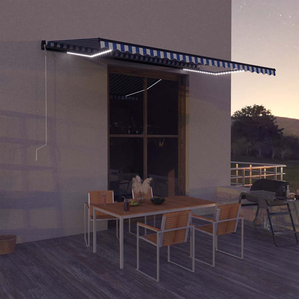 vidaXL Toldo com sensor de vento e LED 500x300 cm azul e branco