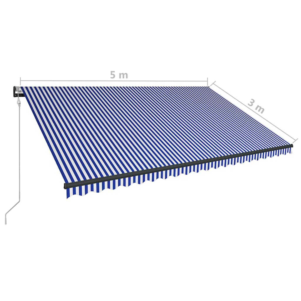 vidaXL Toldo com sensor de vento e LED 500x300 cm azul e branco